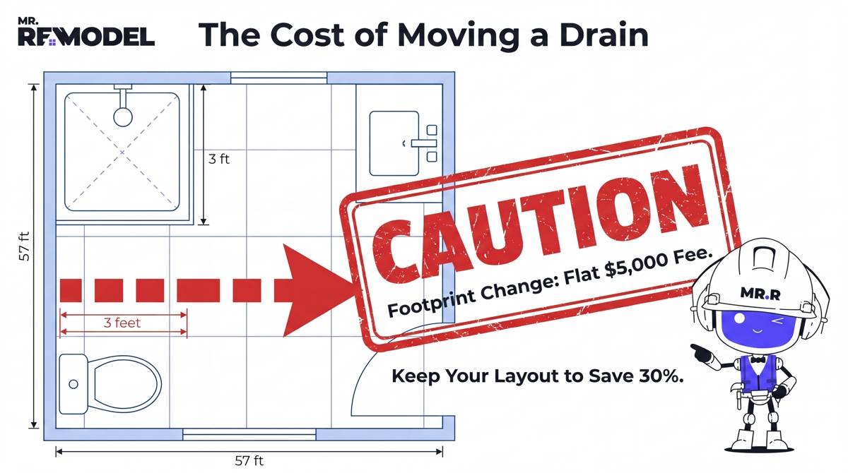 A technical graphic warning homeowners that changing a bathroom's footprint or moving plumbing lines triggers an average $5,000 rework fee.